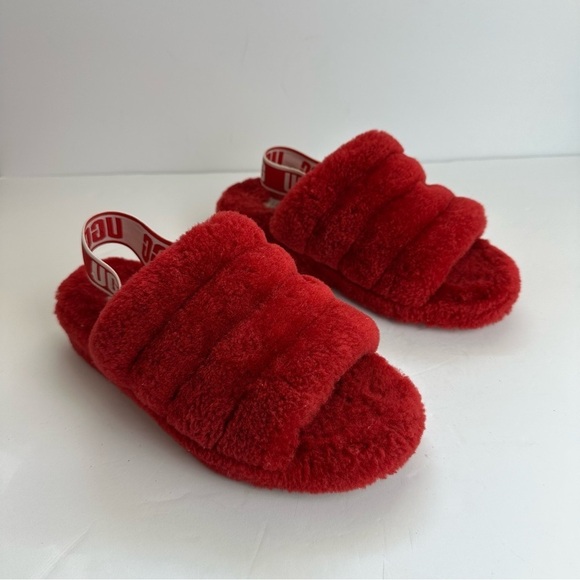 Ugg Fluff Yeah Slides Women’s 7 EU 38 Slippers Shoes Red Logo Platform Fuzzy - Picture 10 of 10